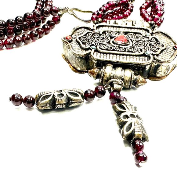 28" Vintage Tibetan Garnet Prayer Box Necklace—Gilt Gau with Multi-Strand Beads - Picture 8 of 14
